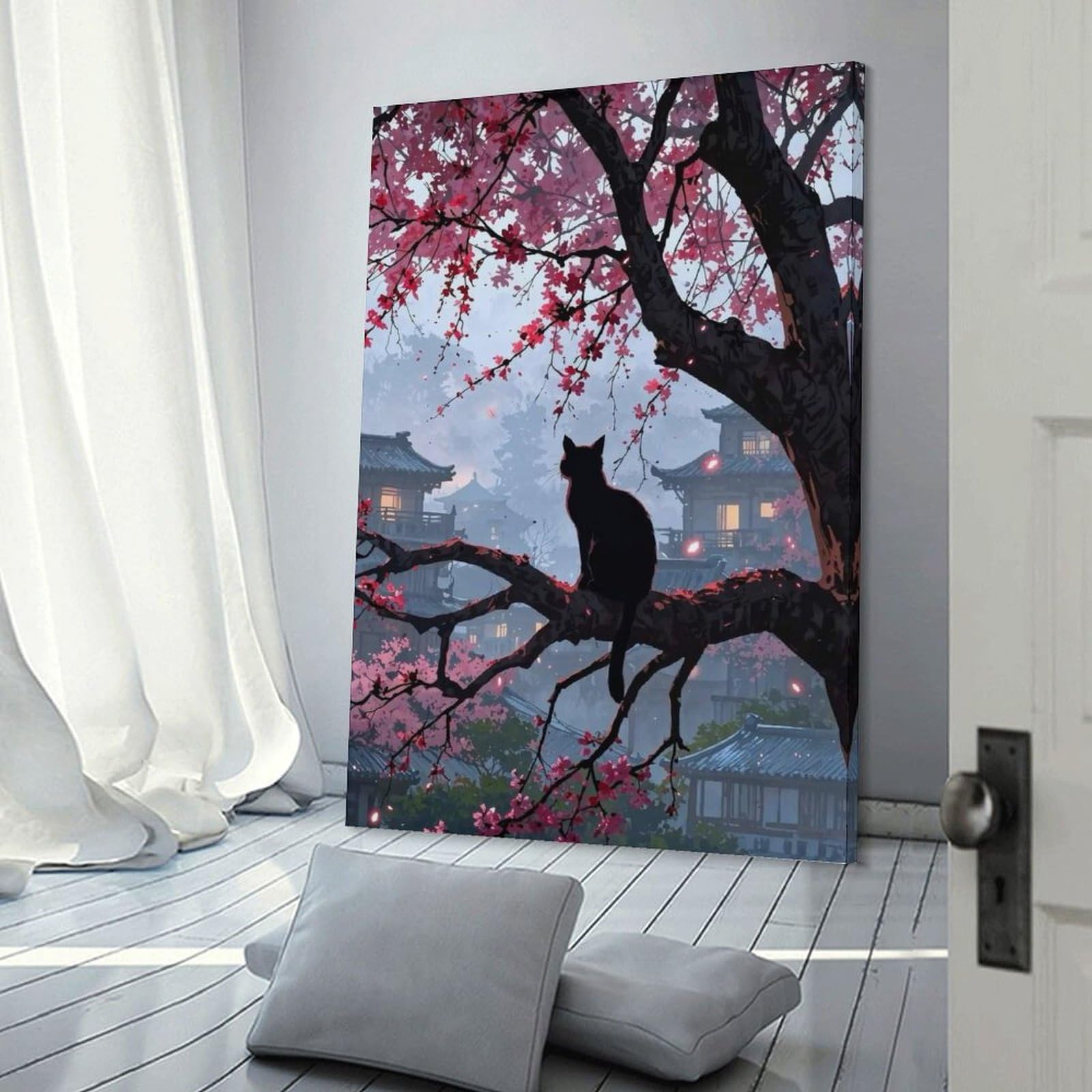 Junmoney Frame-Style-19 Black Cat In Japanese Cherry Blossoms Wall Picture Print, 08X12inch(20X30cm), For New Homes, Bedrooms Or Workspaces, Thoughtful Wall Decor For Art Lovers