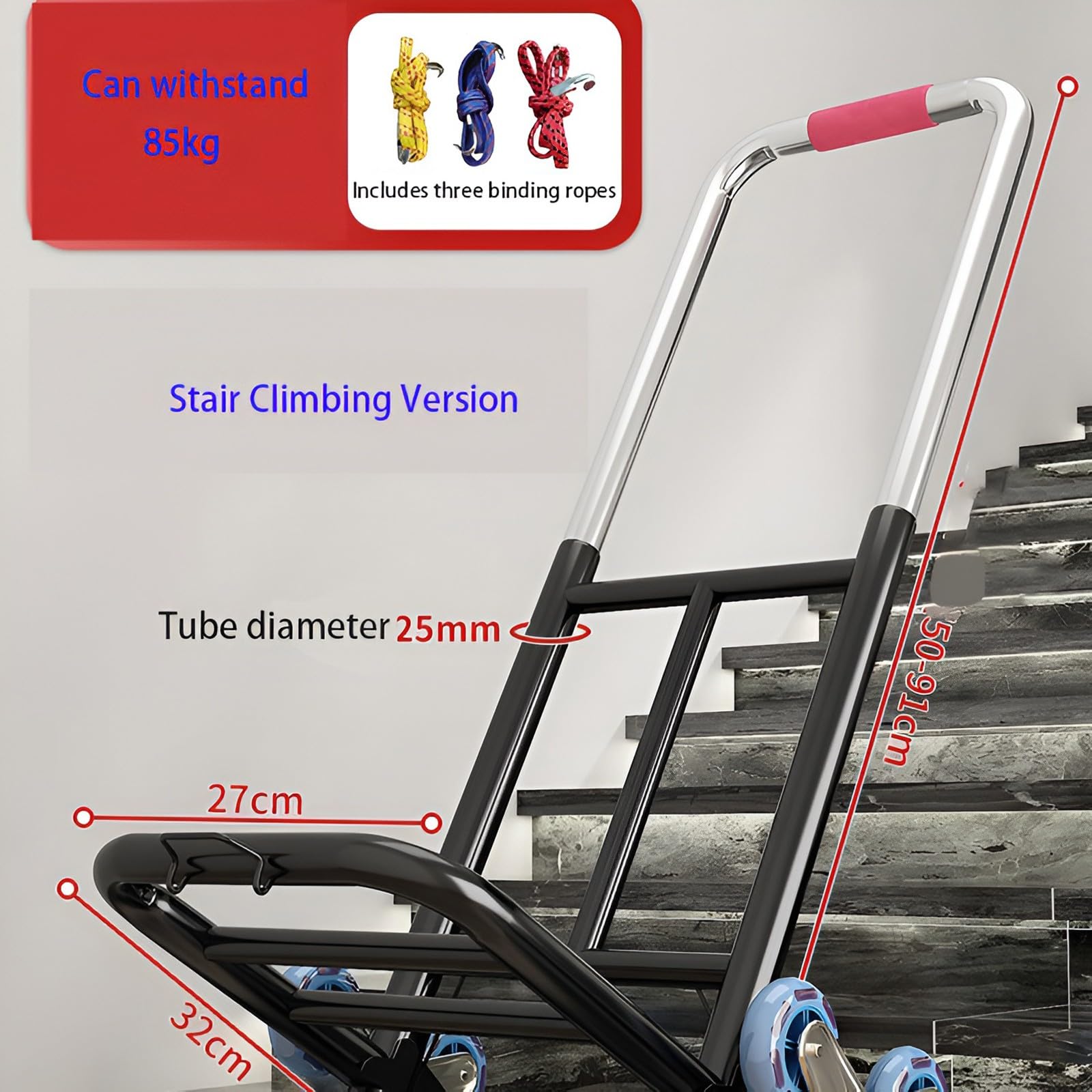 Carrello pieghevole per salire le scale, capacità di 150 kg, manico telescopico, 6 ruote e 3 corde elastiche, ideale per trasportare e spostare oggetti pesanti