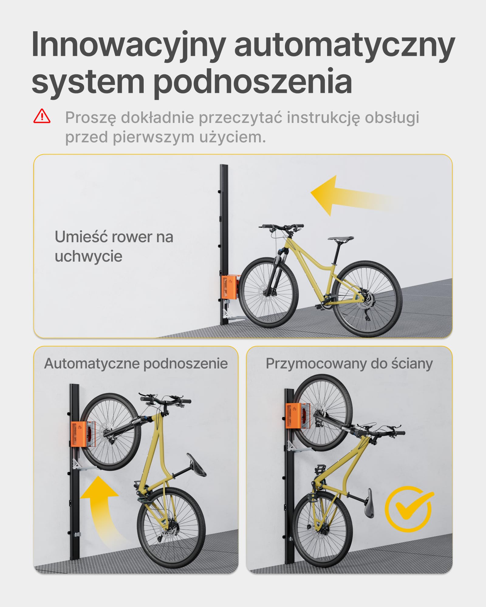monTEK Automatyczny Uchwyt Rowerowy na Ścianę, Pionowy Wieszak Rowerowy do Opon 24-29 Cali, Udźwig do 32 kg, Oszczędność Miejsca w Garażu dla Rowerów Górskich, Szosowych i E-bike