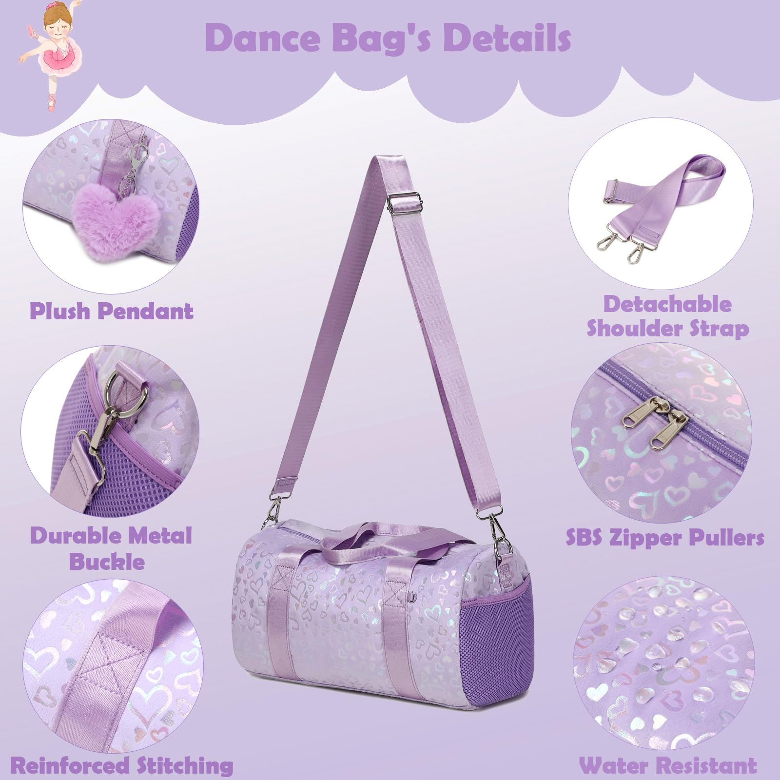 Sac de sport pour fille, Love Purple, Sac de danse pour filles