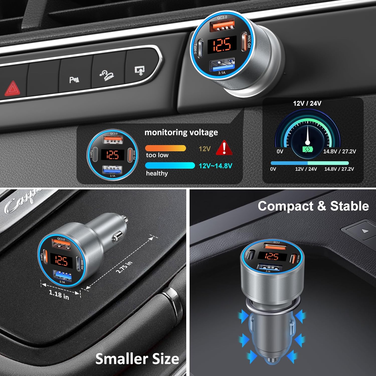 4-Port 65W Fast Car Charger USB C for iPhone 17/16/15/14 Pro Max, 2 Pack Dual 12V USB-A&C Car Charger with Voltage Meter Cigarette Lighter Adapter for Galaxy A17/A16/S25/S24+6FT Type-C Cable