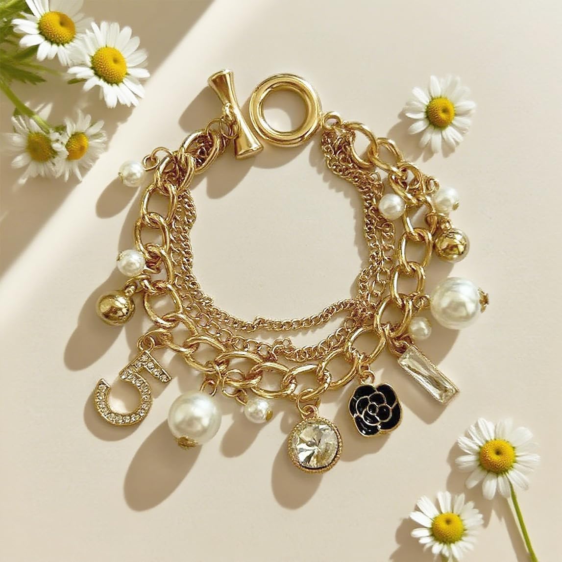 7.2in-Number gold charm bracelet - designer inspired fashion jewelry for women with pearl flower stack - chunky accessories - Image 3