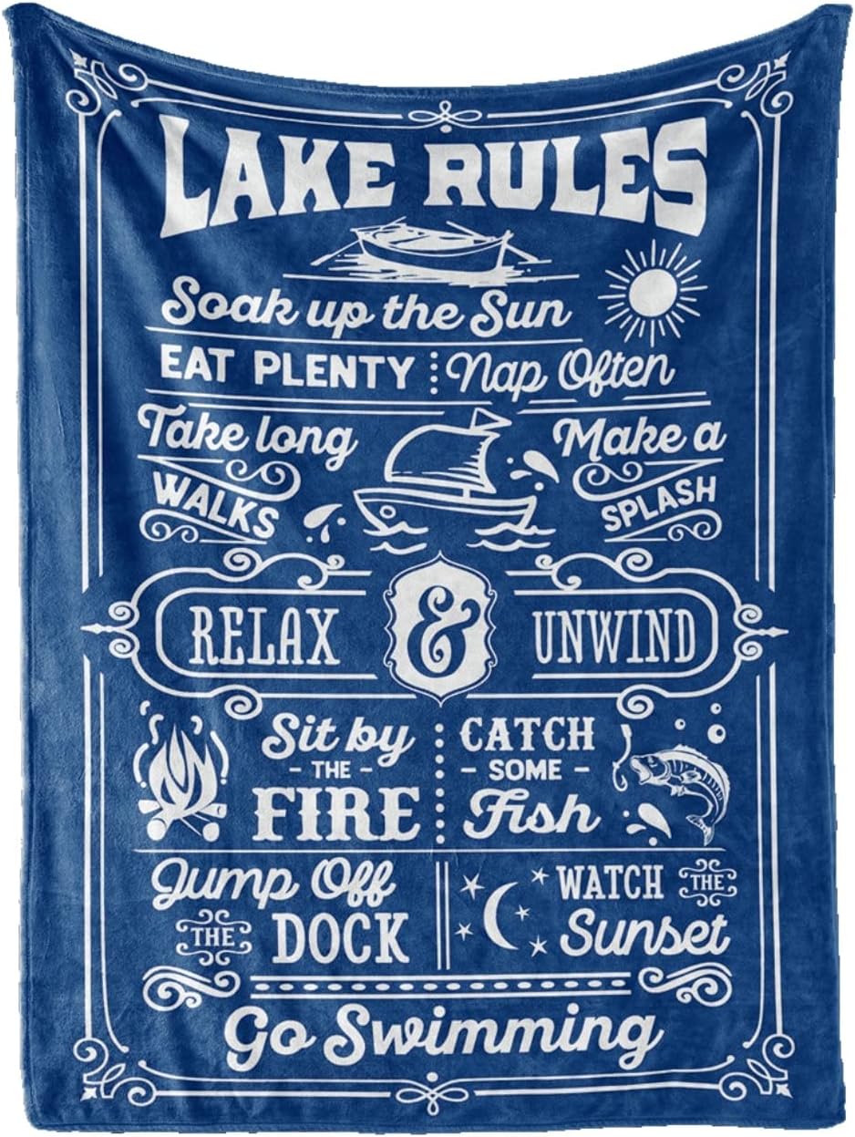 Lake House/Life Gifts Blanket Throw for Women Men - Boating/Fishing Gifts - House Decor Decorations for Home Porch Bed Sofa - Lake Rules, 50" x 65"