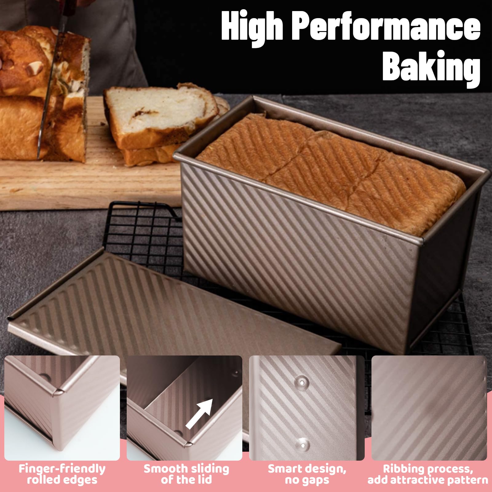 Stampo Per Pane in Cassetta con Coperchio, 21 x 12 x 11,5 CM Stampo Per Pane Toast Ondulato, Antiaderente Stampi per Plumcake 450g Pasta, Stampi Pane Acciaio al Carbonio, Oro Rosa