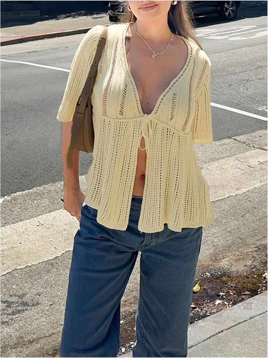 SOLY HUX Women's Crochet Knitted Cardigan Bow Tie Front Deep V Neck Half Sleeve Hollow Out Sweater Tops - Image 3