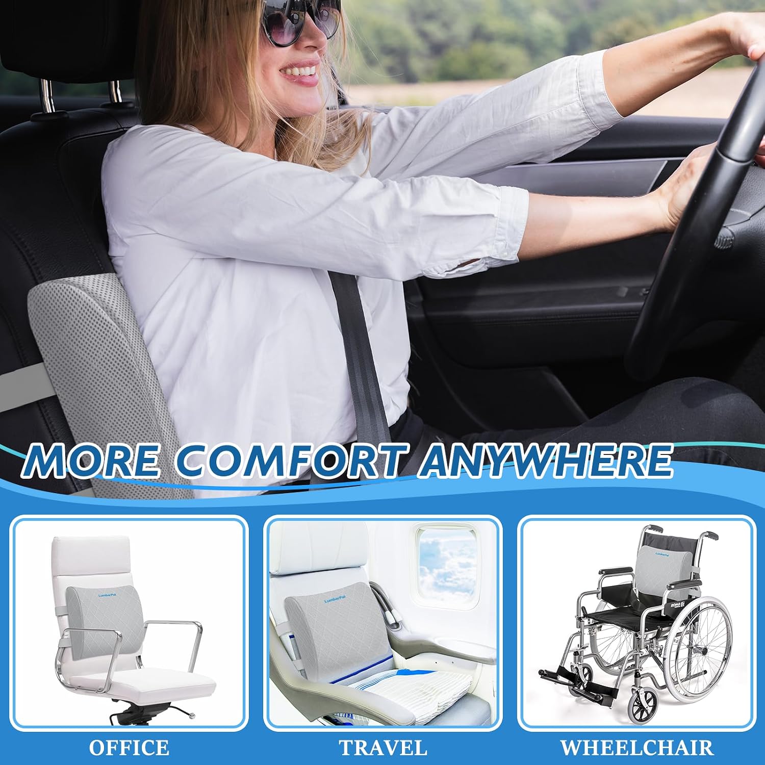 Lumbar Support Pillow for Office Chair Back Support Lumbar Pillow for Car, Gaming, Office Chair - Improve Sitting Posture & Back Pain Relief, Memory Foam, Adjustable Straps, Light Grey