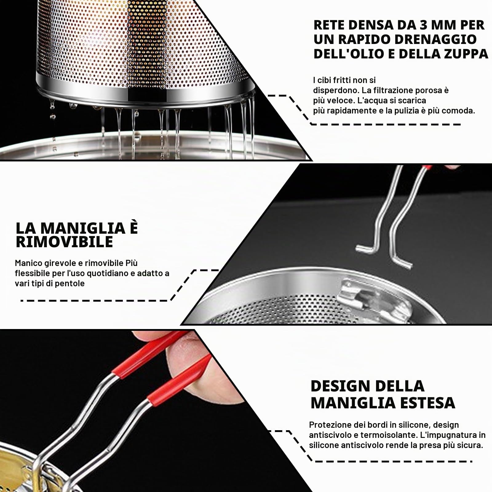 Cestino per patatine, 3 pezzi, in acciaio inox, per alimenti, per la pasta, con manico rimovibile, colino da cucina, colino da cucina per il lavaggio, sgocciolare, friggere, cottura a vapore