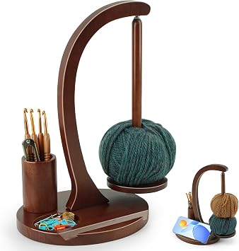 Sewovvmu Crochet Yarn Holder, Yarn Spinner for Crocheting with Phone Stand & Crochet Accessories Storage, Crochet Gift for Knitting Lovers Brown