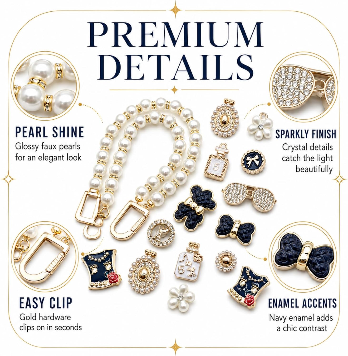 Pearl Clog Shoe Charms Set, Beaded Strap, Navy Bow DIY Shoe Decor Kit image 3