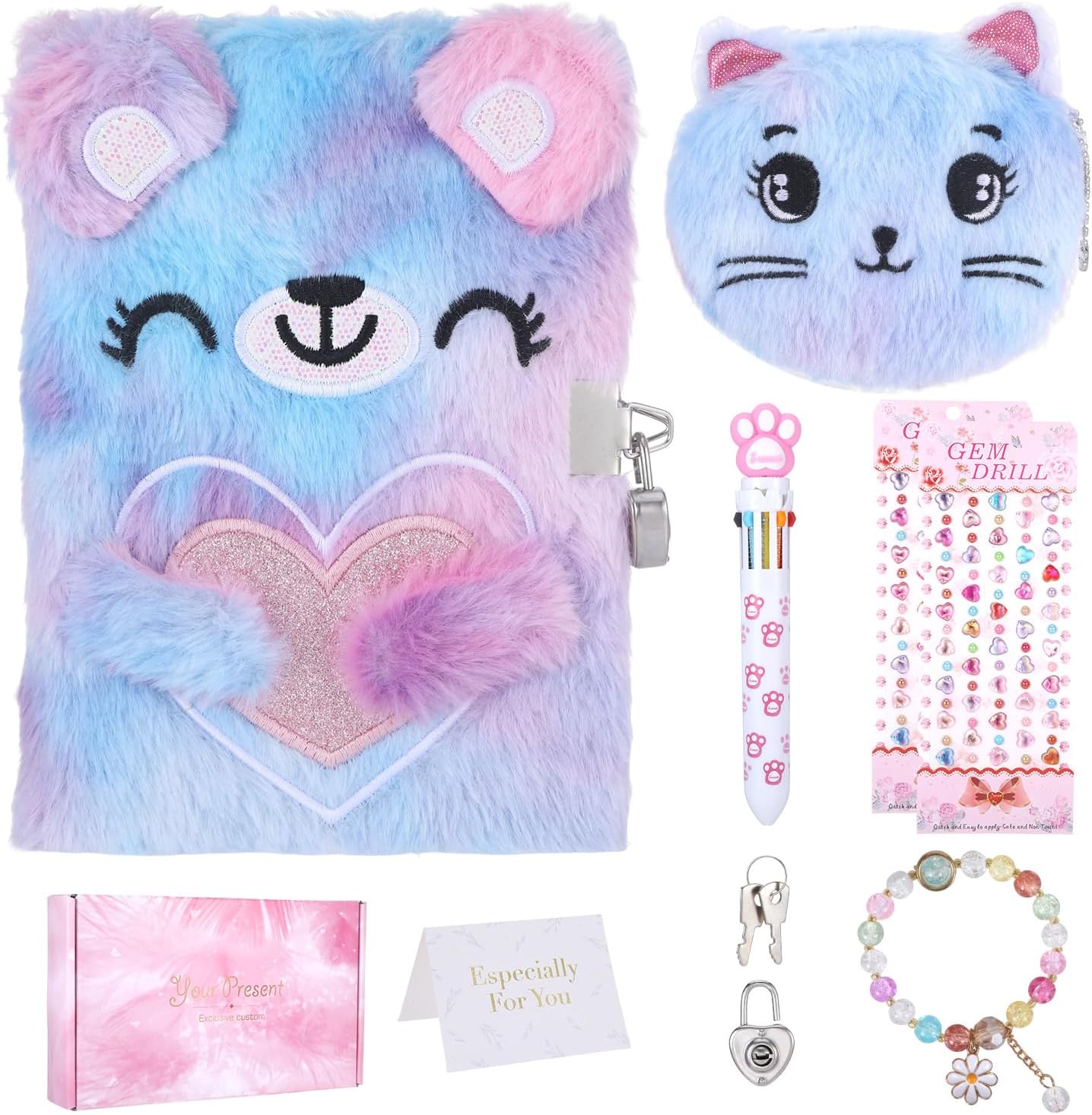 Cat Diary with Lock,Gifts for 6 7 8 Year Old Girl,Fuzzy Notebooks Diary for Girls,Hardcover Fluffy Secret Cute Journal with Lock,Cat Themed Gifts for Birthday, Christmas