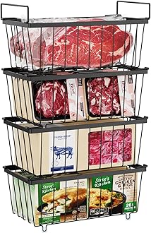 iSPECLE Chest Freezer Baskets - 4 Pack Stackable Wire Basket Add Space for 198L Deep Freezer Easy Get Food with Handles, Chest Freezer Baskets Sort Food Air Circulation Keep Better Freshness, Black