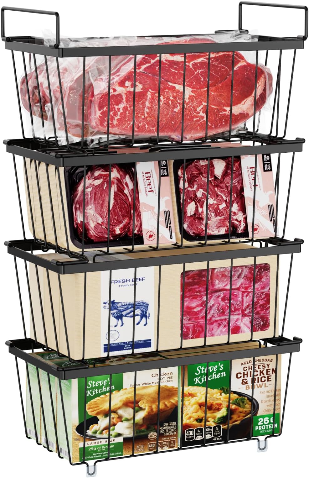 iSPECLE Chest Freezer Organiser - 4 Pack for 198 Litre Deep Freezer, Stackable Wire Chest Freezer Baskets to Sort Frozen Food, Freezer Storage Bins with Handles for Easy Access, Black