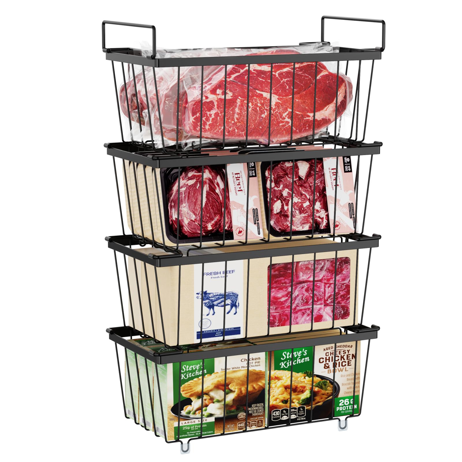 iSPECLE Chest Freezer Baskets - 4 Pack Stackable Wire Basket Add Space for 198L Deep Freezer Easy Get Food with Handles, Sort Food Air Circulation Keep Better Freshness, Black