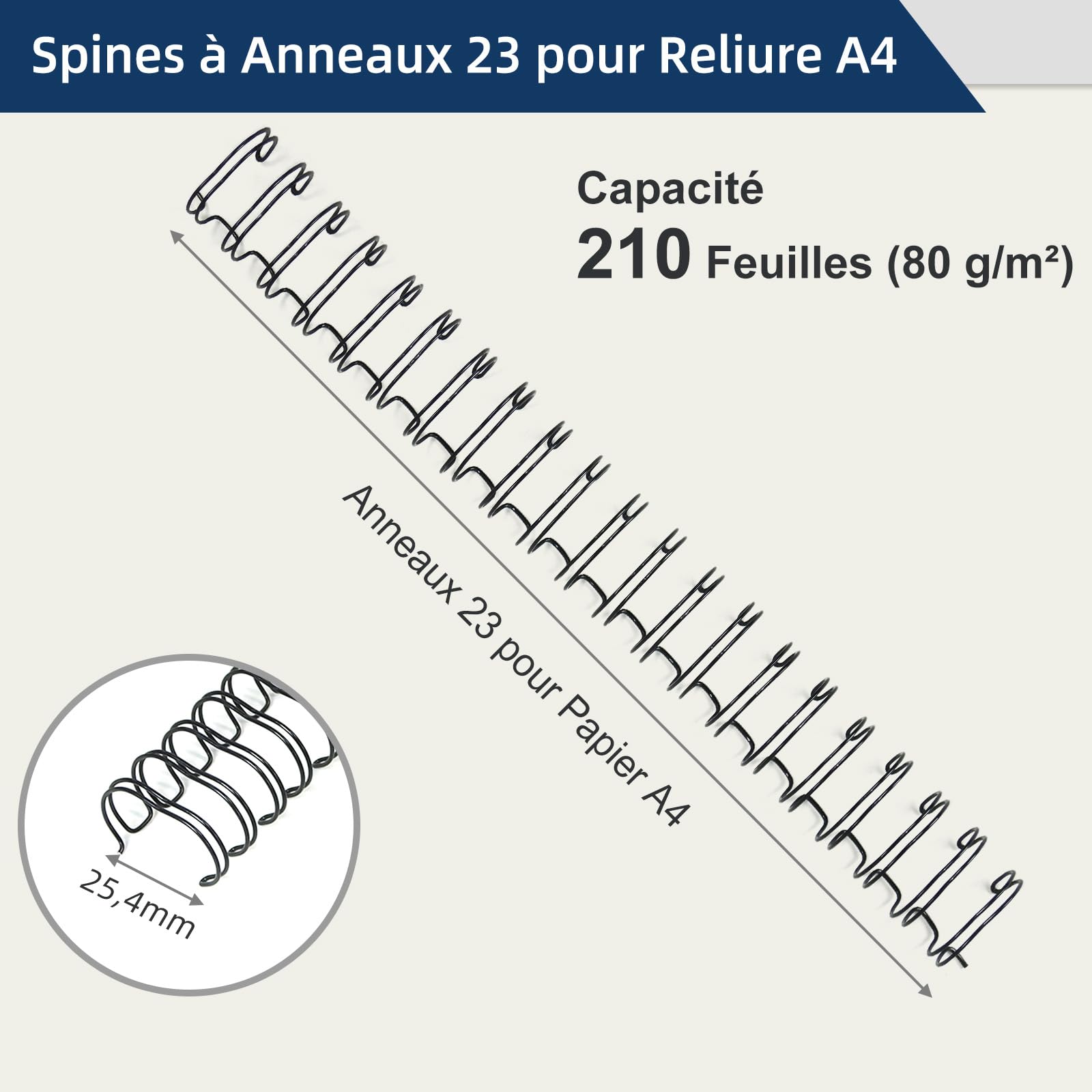 RAYSON Anneaux Reliure de Métalliques, 210 Feuilles, Pas de 2:1, 25,4 mm, 23 Anneaux, A4, Noir, Paquet de 50