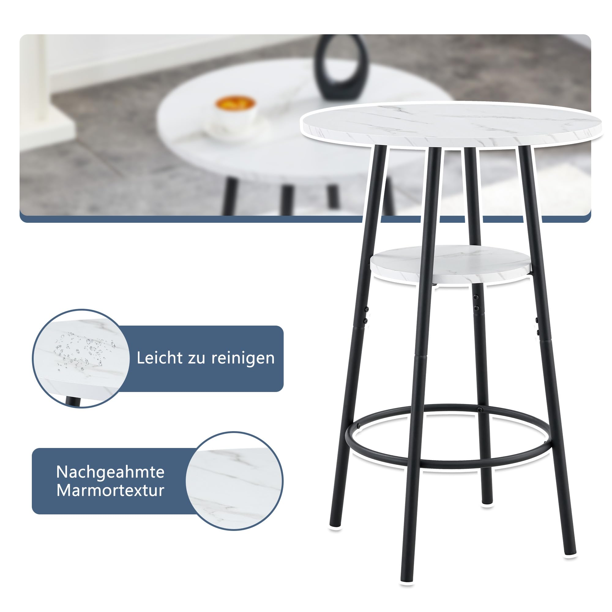 MURUL Bartisch Weißer Marmoroptik, 60 cm Stehtisch mit Stauraum & Schwarzem Metallrahmen, für Küche, Café & Esszimmer