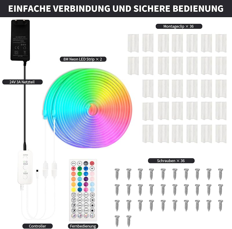 BUNACET Neon LED Szalag 16m RGB+IC Színváltós Vízálló IP65 Hajlékony Szilikon LED Csík Távirányítóval Beltéri Kültéri 2x8m