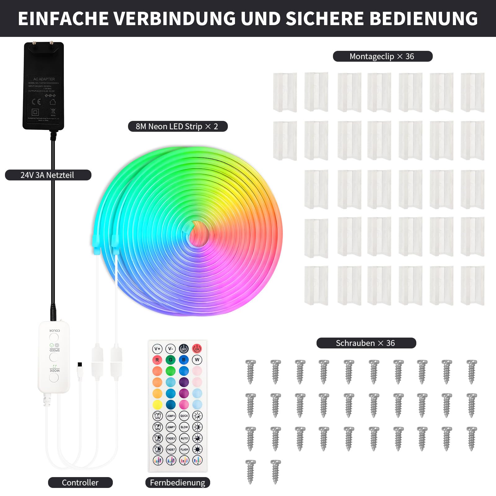 Tira LED Neón RGB+IC 16M, Luz LED Neón Silicona 96 LED/Metro, Impermeable IP65, Control APP, Neón LED RGB con Cargador y Control remoto para Habitación, Sala de juegos, Exterior, Fiesta