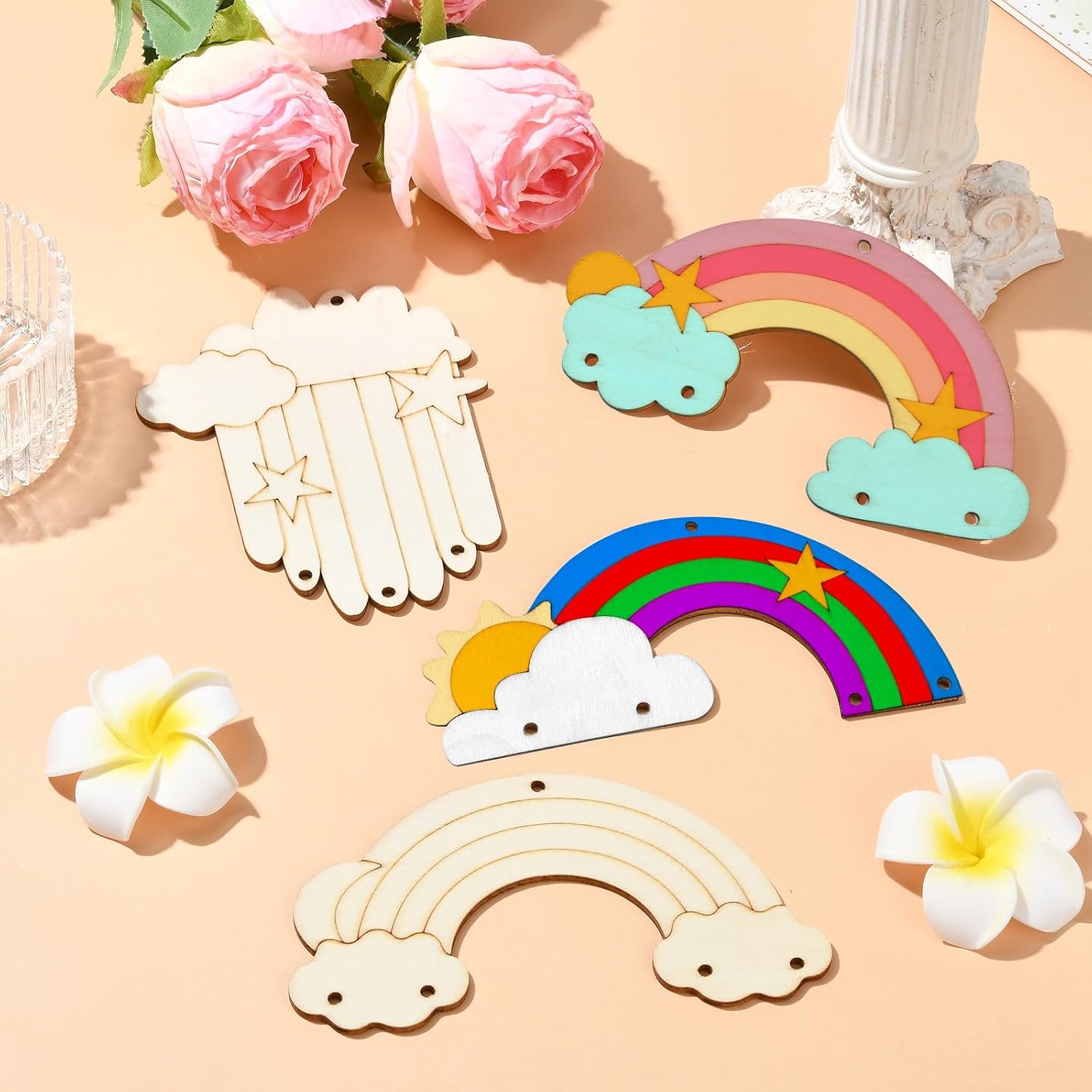 LiQunSweet 40 Pcs 4 Styles Rainbow Theme Unfinished Wood Cutout Cloud Rainbow Star Sun Meteor Wood Slices for DIY Printing Craft Embellishments Wind Chime
