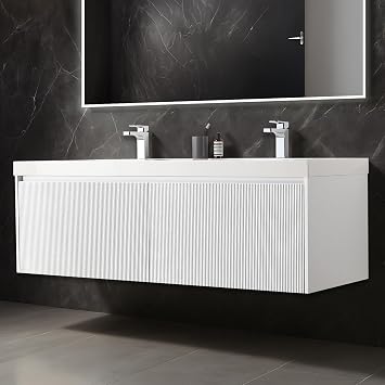 Blossom 60 Inch Luxury Double Sink Vanity - Wall Mounted Solid Wood Bathroom Vanity Cabinet - Floating Master Bath Modern Vanity with Acrylic Sink Top & Soft-Close Storage - Matte White