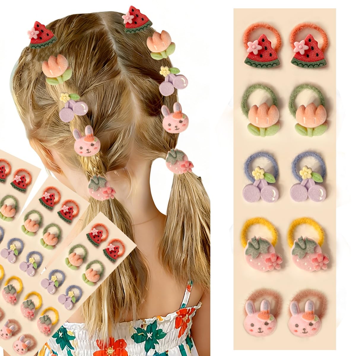 10Pcs Cute Cartoon Hair Ties for Girls Sweet Hair Band Rabbit Flower Watermelon Strawberry Cherry Elastics Rubber Bands Ponytail Holder Cute Hair Accessories for Kids Hair Ropes Holiday Party Favor