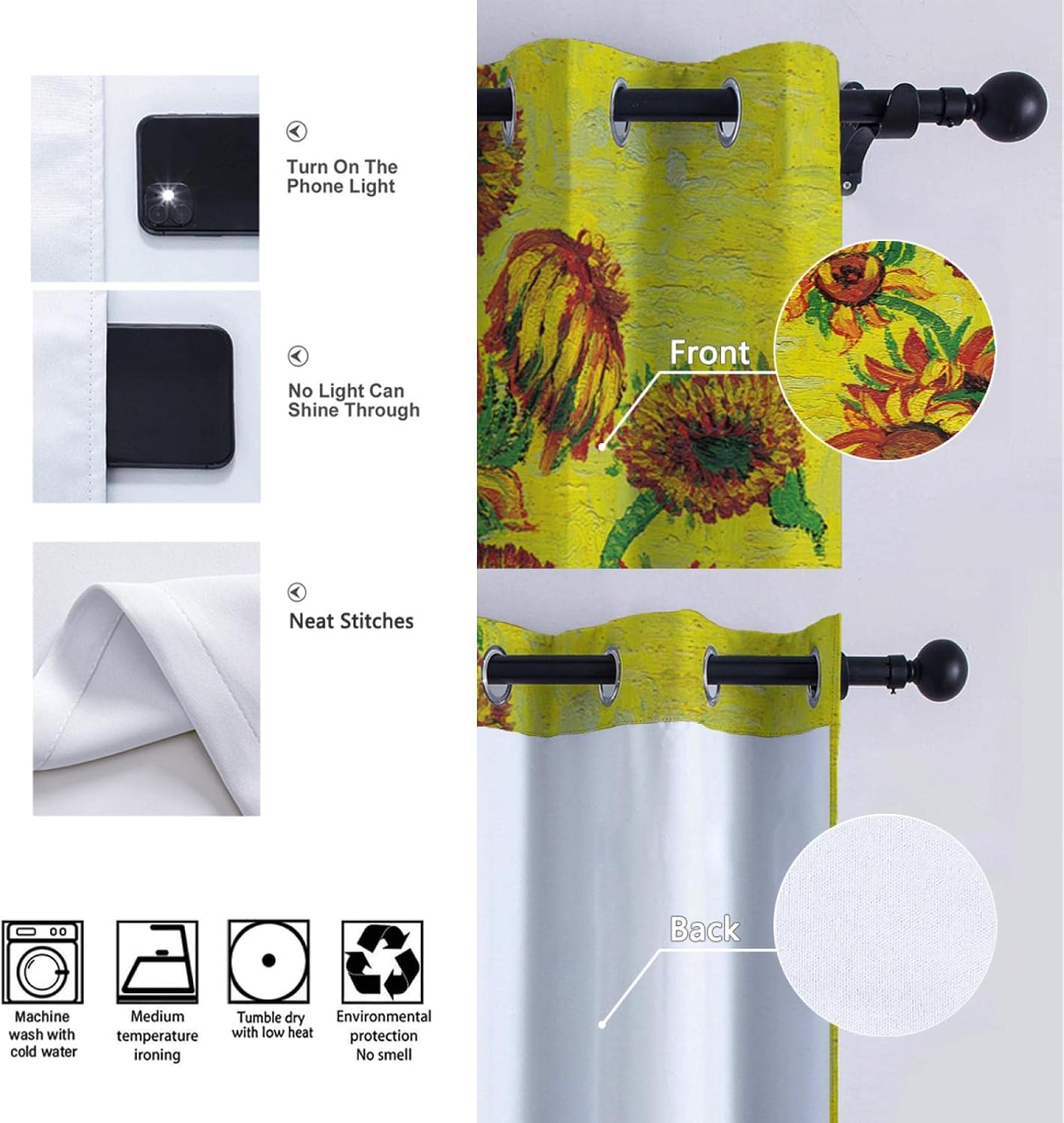 Yellow Blackout Curtains & Drapes Floral Botanical Vase Pattern Darkening Draperies Bedroom Living Room 2 Panels The Sunflowers Famous Painting Prints 2X W38xL63in