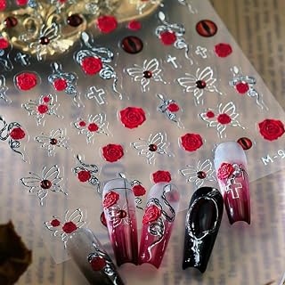 5D Embossed Rose Nail Art Stickers Red Nail Decals Evil Eye Nail Stickers with Butterfly Designs Nail Decals Supplies Self Adhesive DIY Manicure Acrylic Decoration Accessories for Women