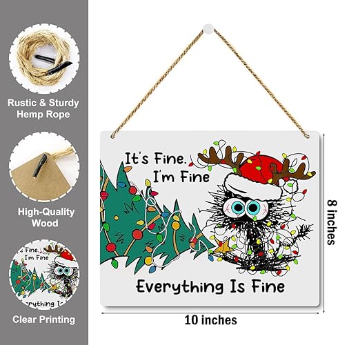 Miniatura 2 de Cartel colgante de madera con diseño de gato negro para decoración de pared de árbol de Navidad, decoración de pared con texto en inglés Everying Is