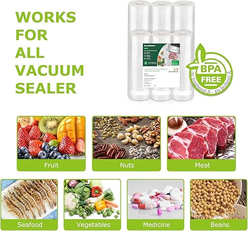 Miniatura 4 de Bonsenkitchen Bolsas de sellado al vacío, paquete de 6 rollos de 3 rollos de 11 pulgadas x 20 pies + 3 rollos de 8 x 20 pies de grado comercial sin