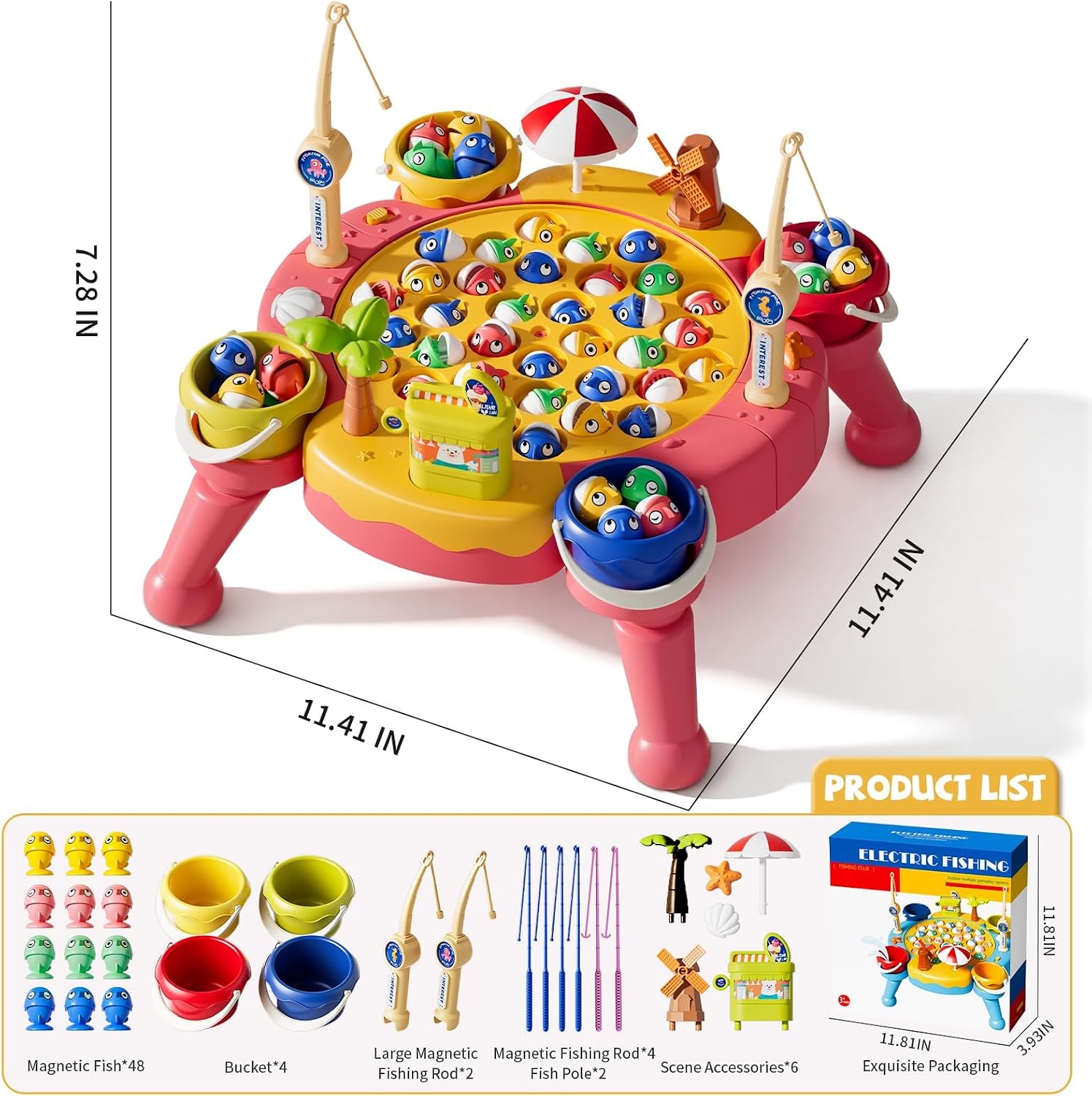 ORANGE OCEAN Pink 70 PCS Magnetic Fishing Game Toddlers 3-5, Board Games for Kids 4-6, Fishing Toys with 360° Rotation & Sound, for Boys Girl