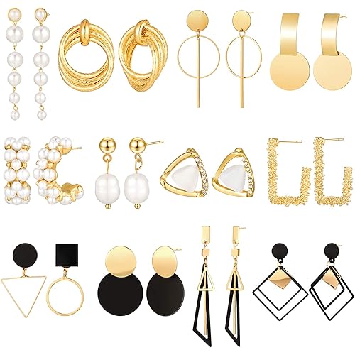 12 Pairs Drop Dangle Earrings for Girls Metal Big Geometric Earrings for women Faux Pearl Hoop Statement Earrings Boho Dangle Earrings for Valentine's Day Christmas, 12 Styles (Stylish Design)