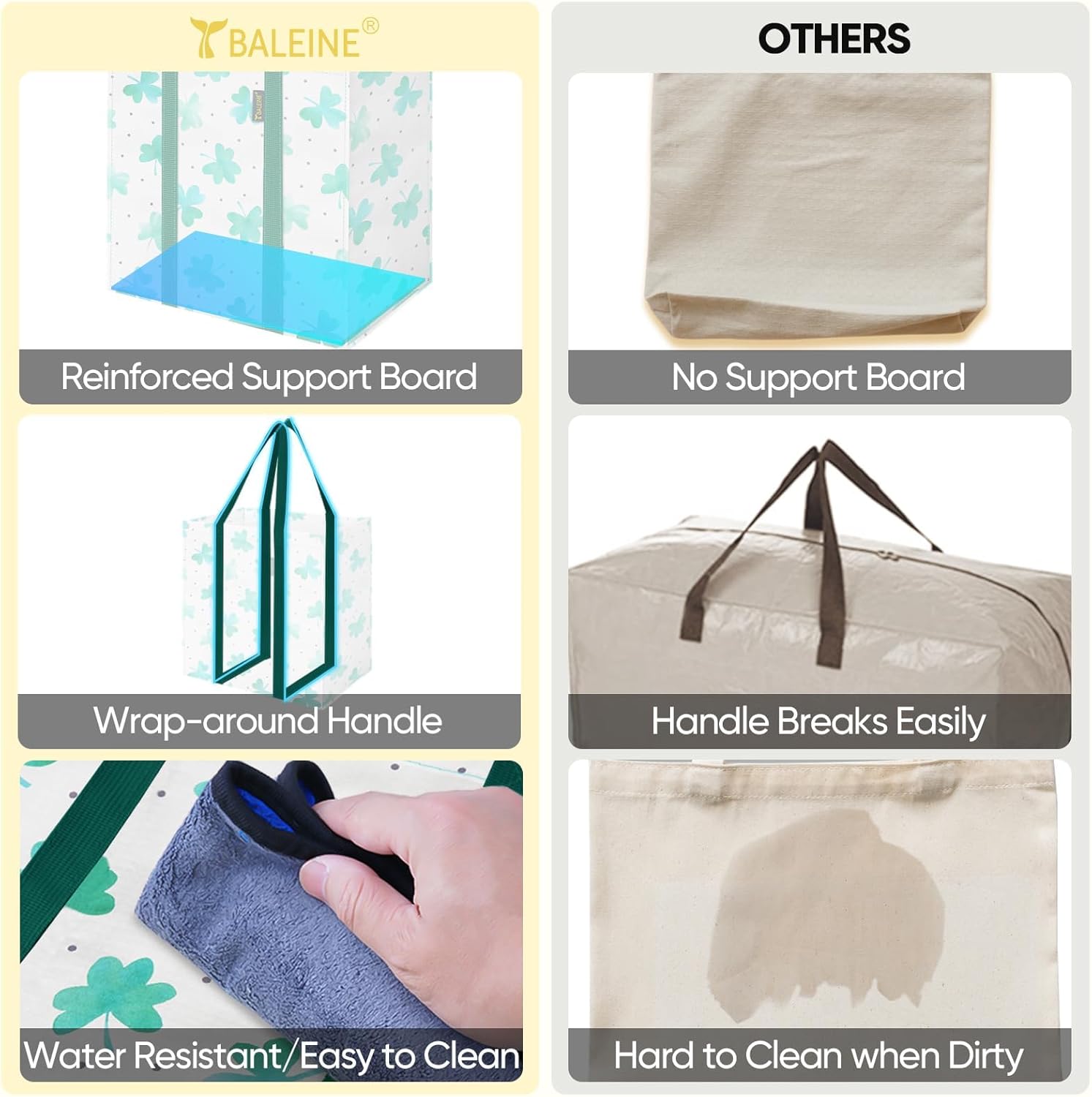 BALEINE 4 PK Grocery Bags Reusable Shopping Bags with Reinforced Bottom, Heavy Duty Foldable Tote Bags (Clover) - Image 5