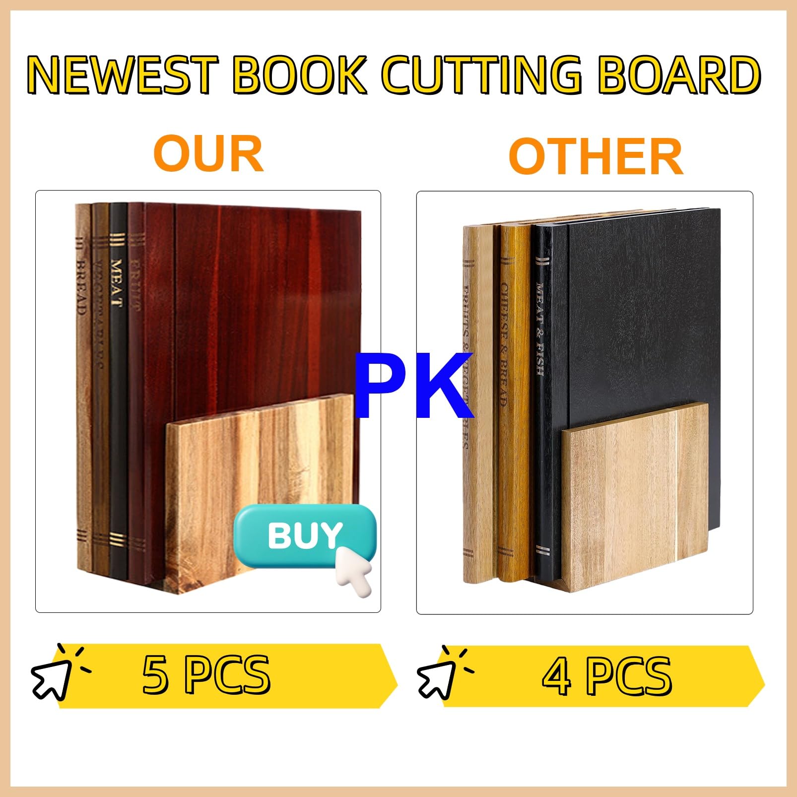 Schneidebrett Bibliothek Buchschneidebrett 4 Stück Schneidebrett Holz Set Mit Ständer, Book Shaped Cutting Board, Cutting Boards That Look Like Books Für Kochen Koch Obst Fleisch (5)