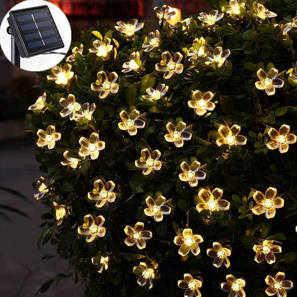 Prolight Waterproof Warm White Christmas Lamp Solar String Lights 21ft 50 LED Flower Blossom Decorative Light for Outdoor Indoor Garden Patio Party Xmas Tree Decorations