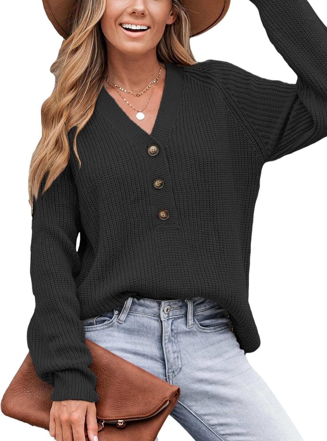 CUPSHE Women V Neck Sweater Tops Long Sleeve Button Front Pullover Sweaters Casual Shirts