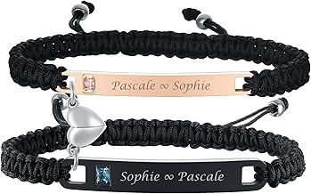 2 x Personalised Couple Bracelets - Adjustable Braided Cord Bracelet Stainless Steel Zircon Crystal Bracelet with Engraving Friendship Bracelets