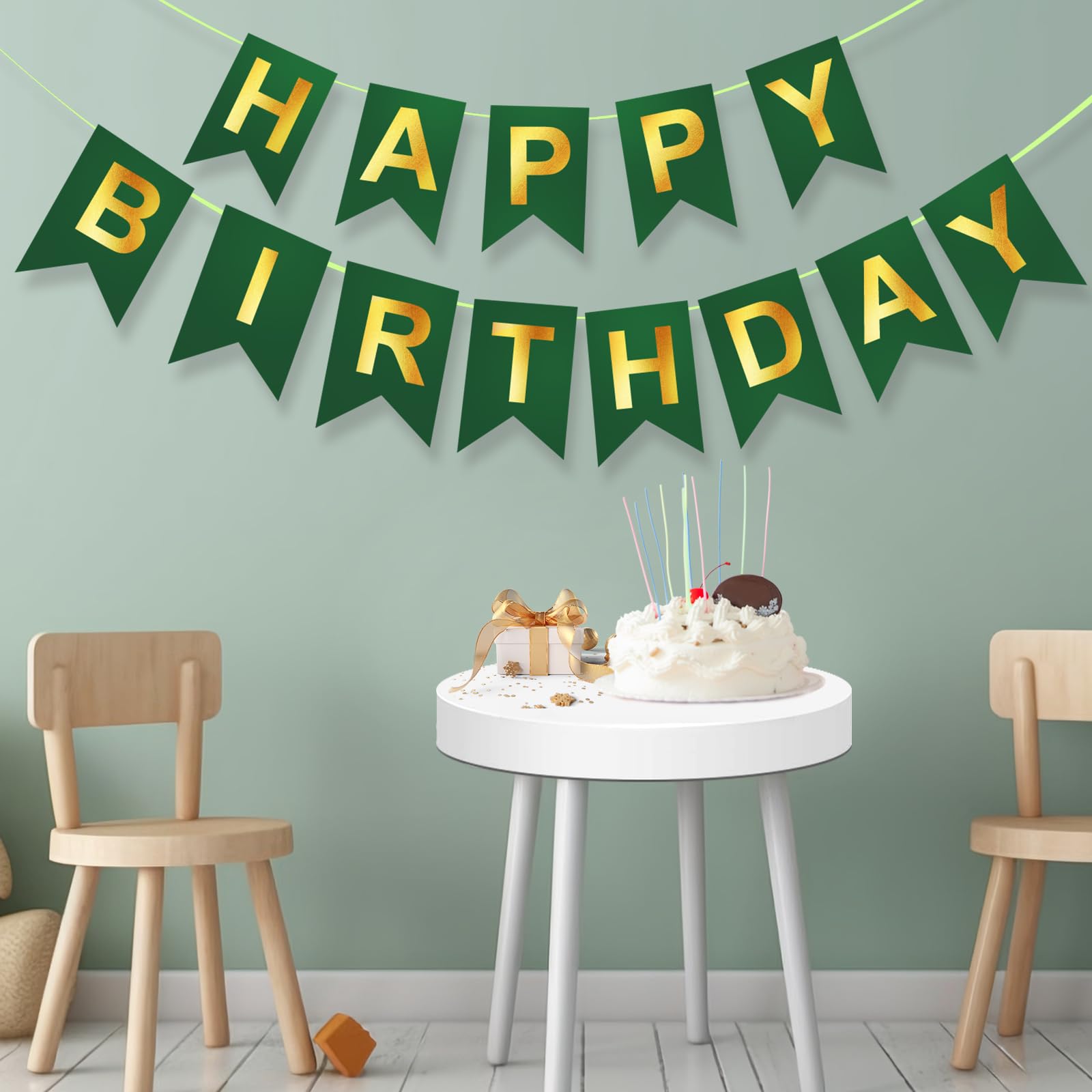 Green Happy Birthday Banner,Dark Green and Gold Party Decorations Sigh for Decor,Backdrop Birthday Party Supplies,No DIY for Girls Boys Kids and Women