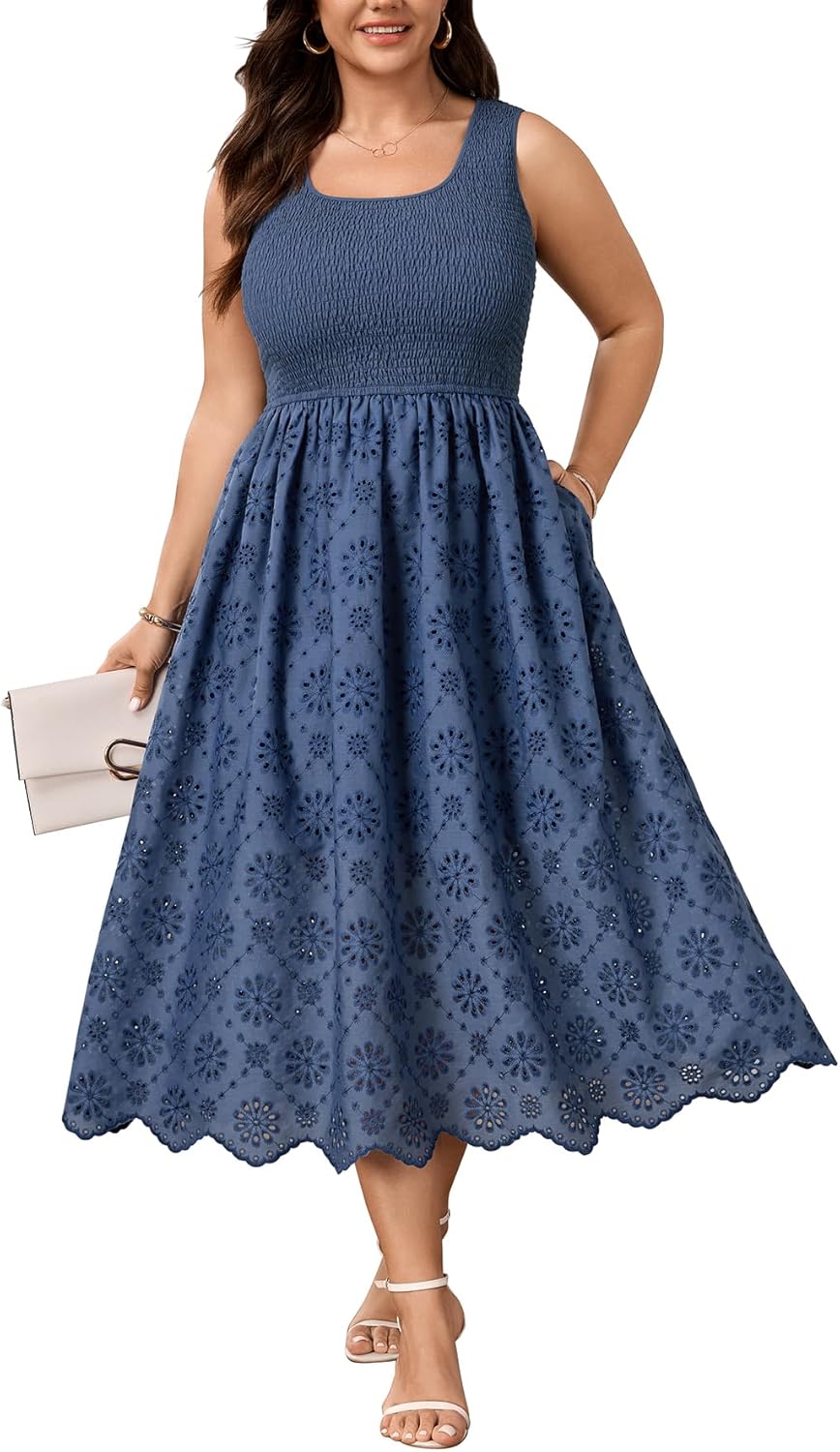 SHESTARR Plus Size Sundress Women Smocked Eyelet Sleeveless Maxi Dress Summer Casual Boho A-Line Beach Dresses with Pockets