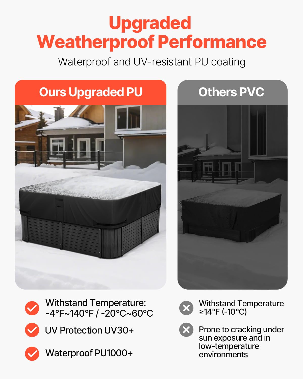 VEVOR Housse de Protection pour Spa extérieur, 2285 x 2285 x 508 mm, Couverture pour Spa, résistante aux intempéries et à l'eau, Tissu Oxford 600D Robuste et résistance à la déchirure 950N, Noir