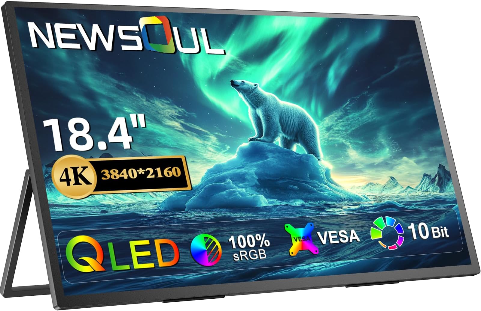 Newsoul Portable Monitor QLED 18.4 Inch 4K UHD 1500:1 Matte Screen, Aluminium Shell, Narrow Bezel Design with VESA Hole, Mini HDMI and USB-C Ports, Larger Second Screen for Laptop/Phone/Gaming
