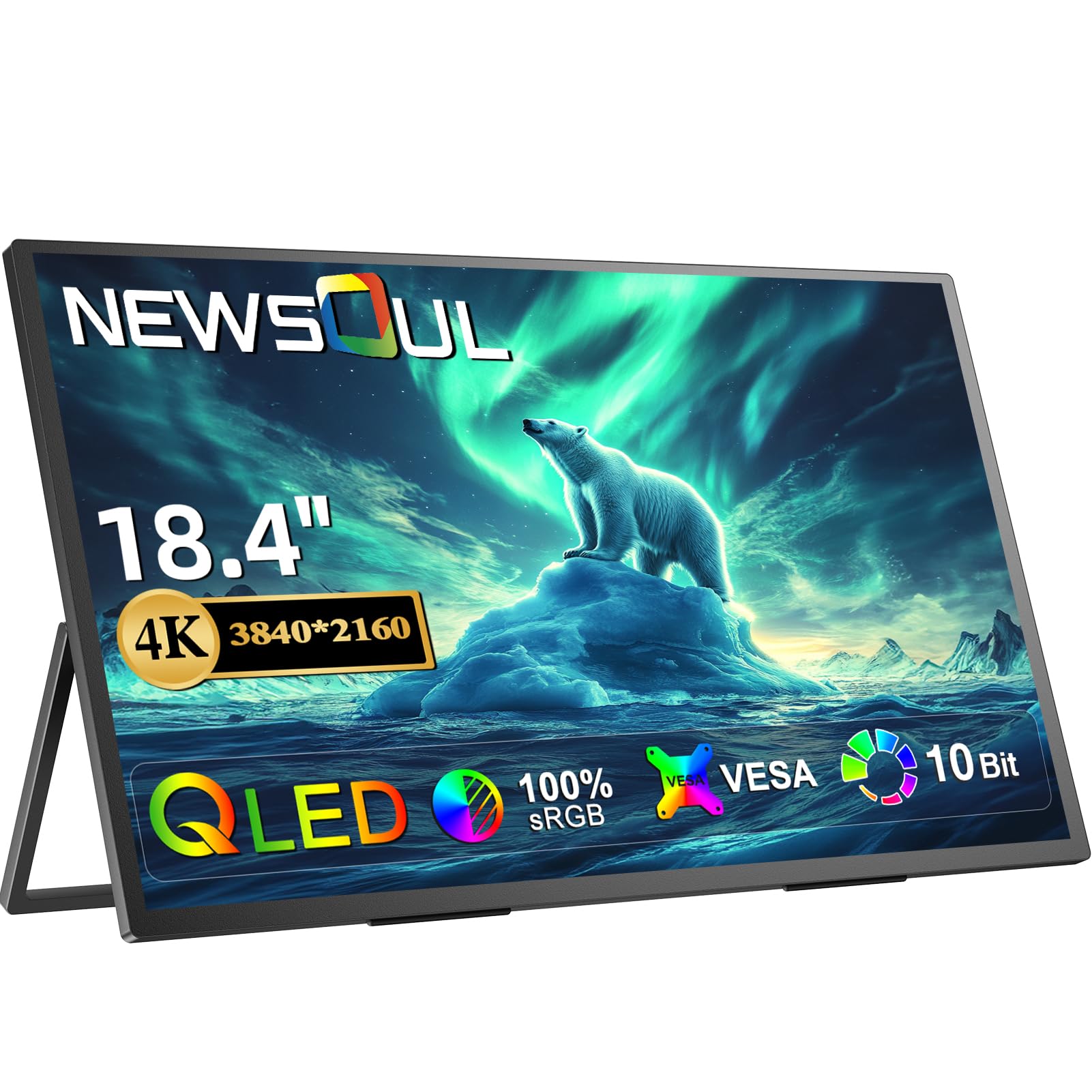 NewsoulPortable Monitor QLED 18.4 Inch 4K UHD 1500:1 Matte Screen, Aluminium Shell, Narrow Bezel Design with VESA Hole, Mini HDMI and USB-C Ports, Larger Second Screen for Laptop/Phone/Gaming