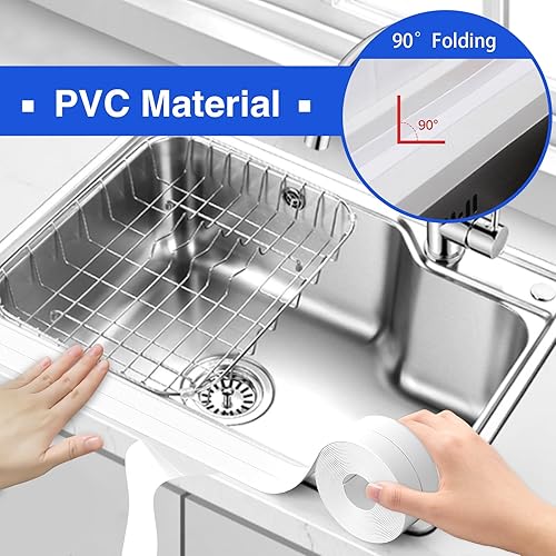 Miniatura 3 de Kiskyfit Cinta de calafateo blanca, paquete de 3 tiras de calafateo autoadhesivas para tina, cocina, encimera, fregadero, baño, inodoro, protector