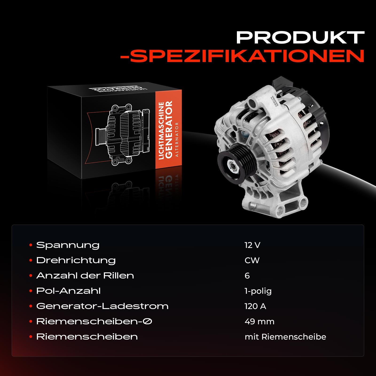 Frankberg Lichtmaschine 120A Kompatibel mit Mondeo IV BA7 1.6L Benzin 2007-2015 Fiesta VI CB1 CCN 1.4L Benzin 2008-2012 Focus III - 1.6L Diesel 2012-2015 Generator Mondeo Replace# TG12C098