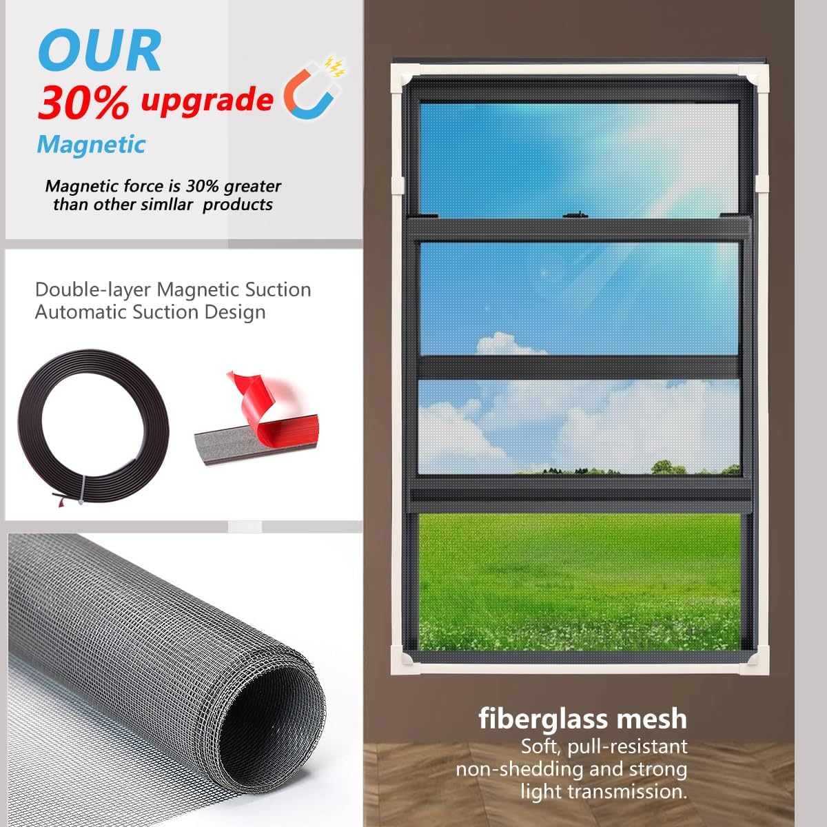 Magnetic Window Screen, DIY Window Screen for House Adjustable Fiberglass Mesh White Frame Grey Net Self Adhesive Easy Installation (48"x72"(122x183cm))