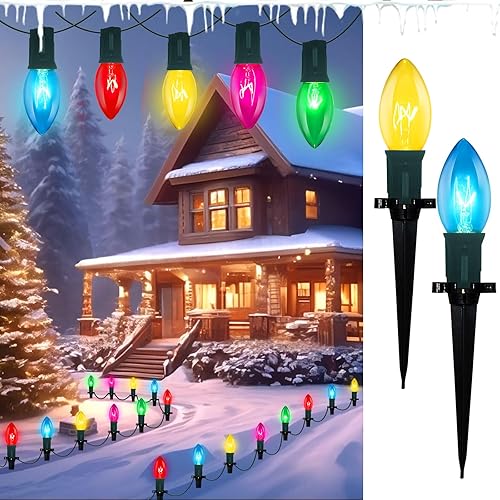 Luces de Navidad C9 para exteriores con estacas, luces de Navidad de 38 pies con 25 bombillas incandescentes multicolor y estacas, marcador de luces