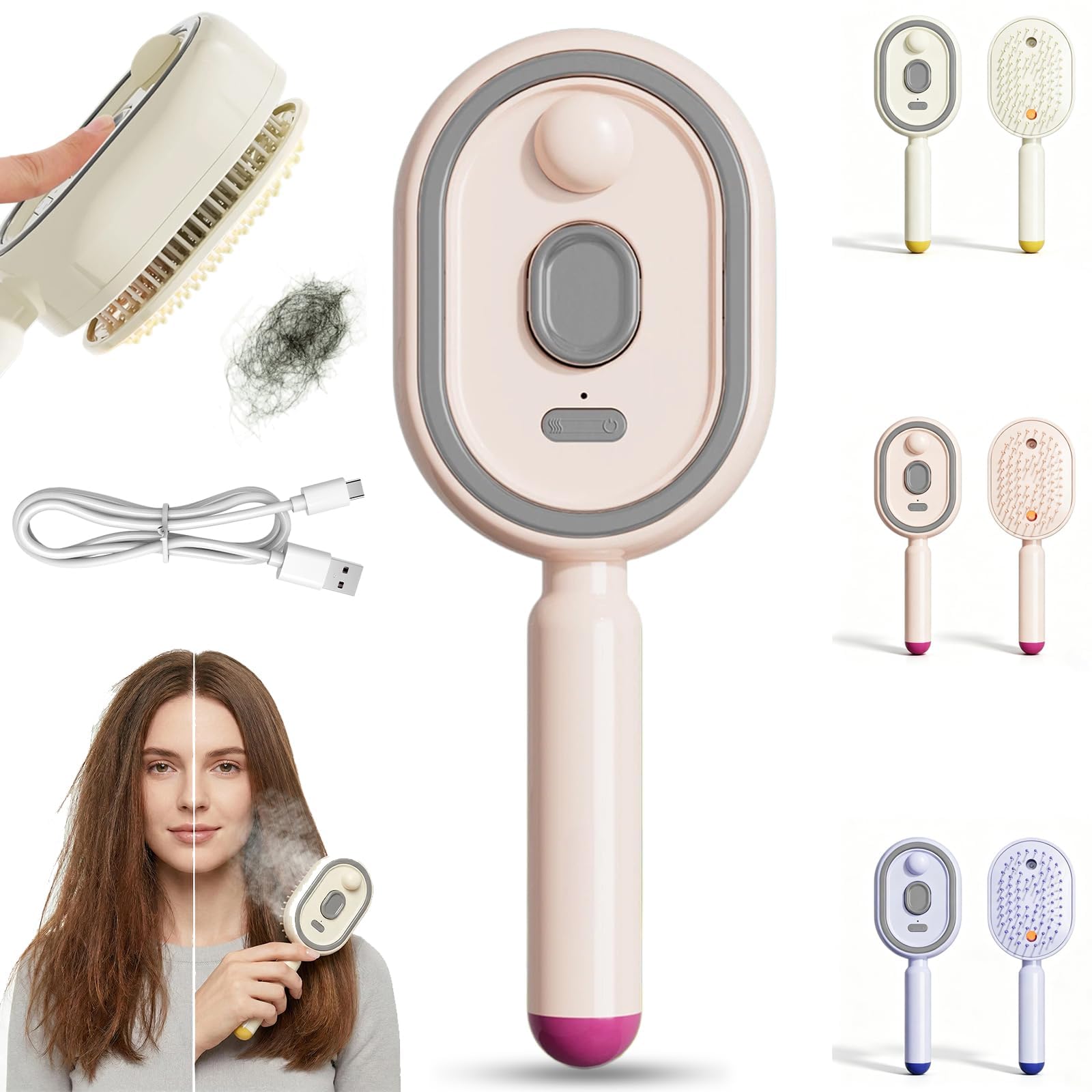 2026 New Steam Hair Straightener Brush,Electric Steam Brush, Portable Electric Steam Brush for Hair, Straightening Hot Comb, USB-Rechargeable, Nourishes Hairs, Anti-Static (Pink) (Pink)