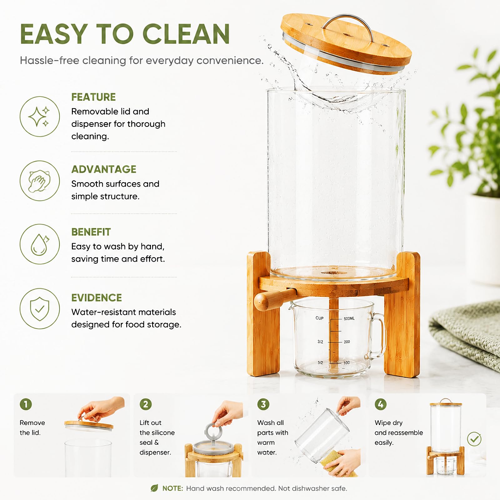 Distributeur de céréales de 7,5 l - 20 x 30 cm - Grand réservoir de céréales - Récipient de rangement en verre avec couvercle en bambou et valve pour riz, céréales, céréales