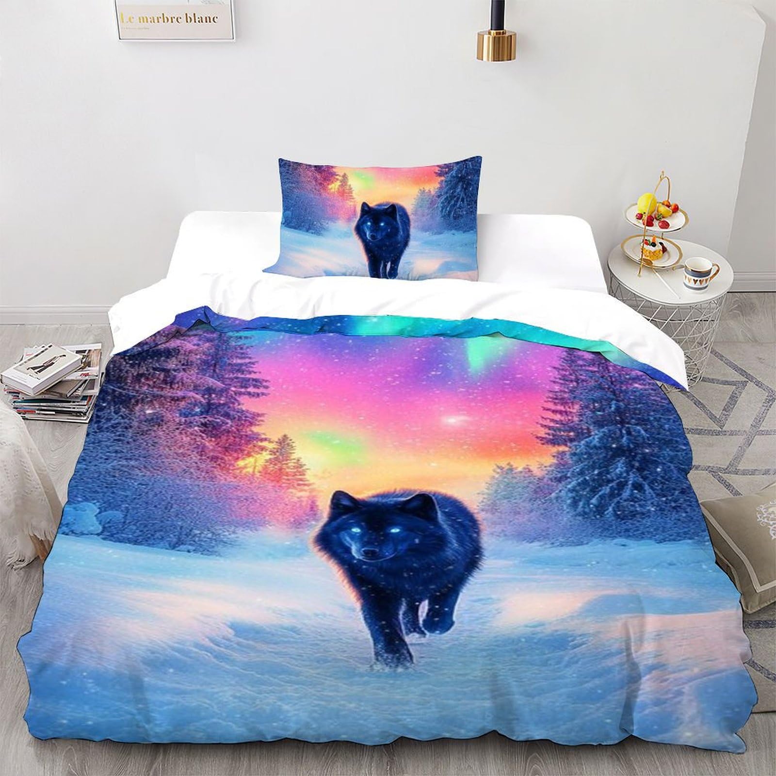 Housse de couette loup et taies d'oreiller imprimé 3D animaux pour lit enfant single 135x200