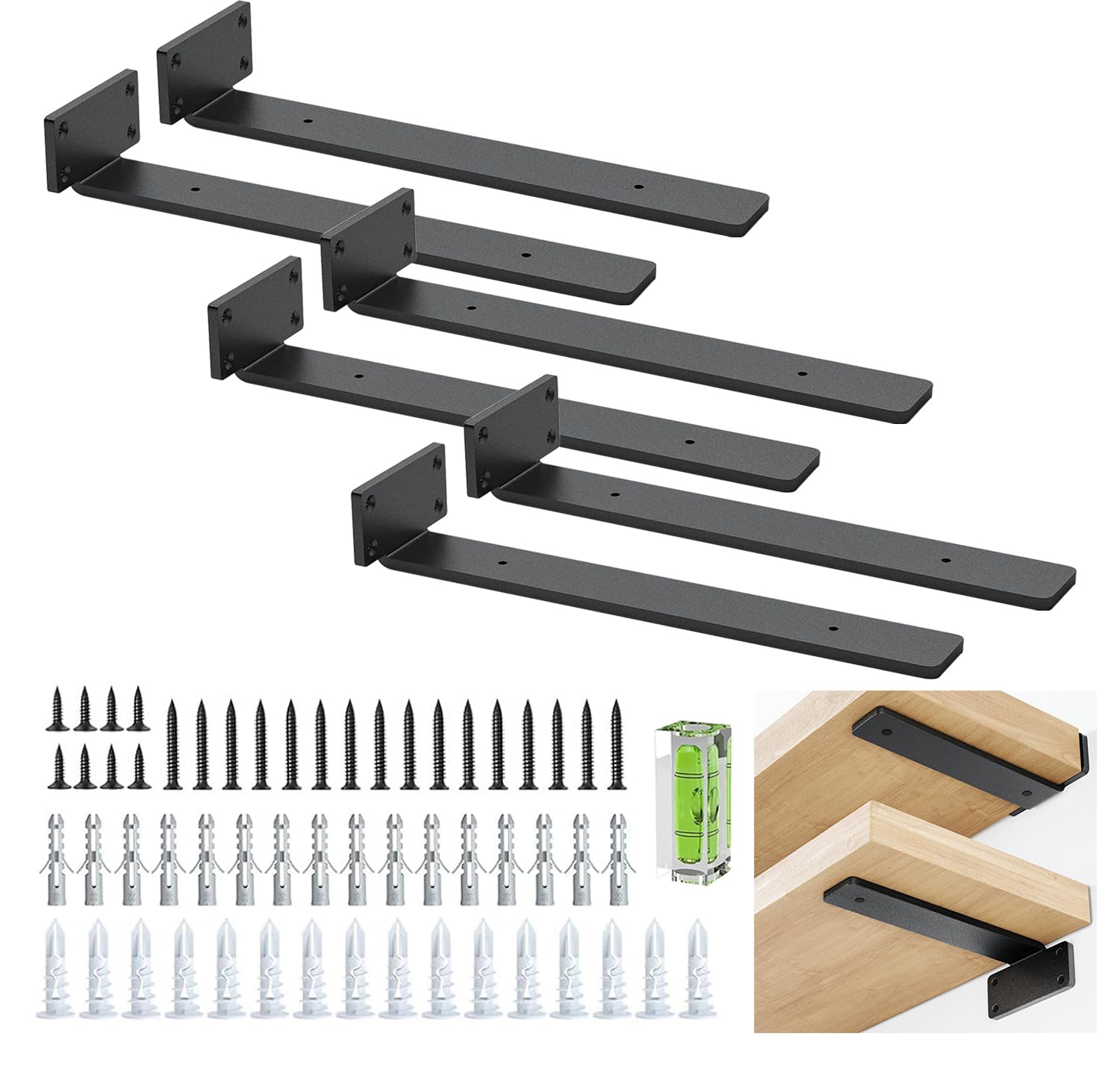Supporto per scaffali galleggianti, 12 pollici, colore nero, robusto, con viti, angolo di 90 gradi, angolo e supporto in metallo, con finitura in ferro moderna, confezione da 6 pezzi, colore Nero