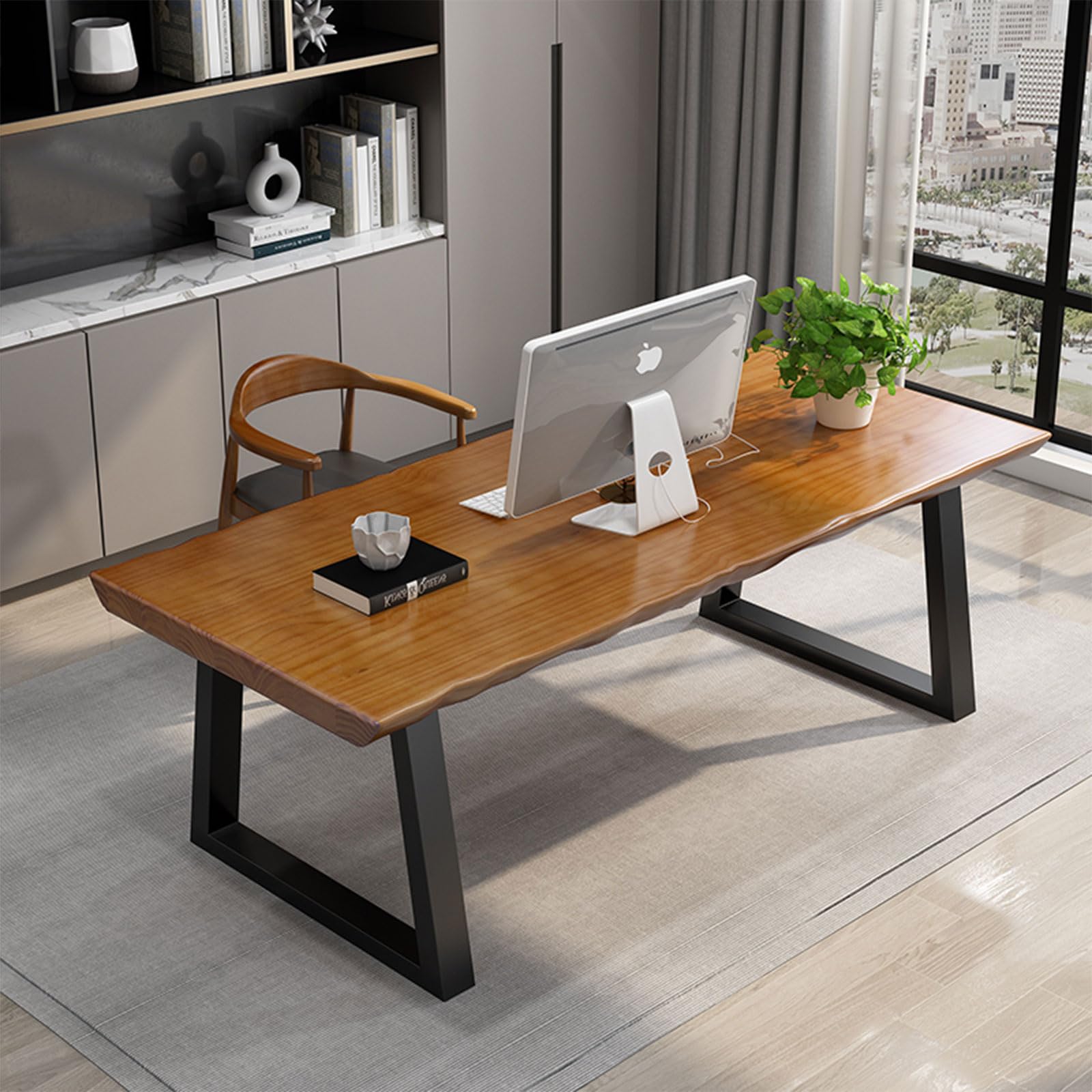 Photo 1 of tiedingdingjiaju Modern Solid Wood Executive Desk – Spacious and Minimalist Home Office Workstation Perfect for Writing and Professional Use (Light Brown, 70.87in)
