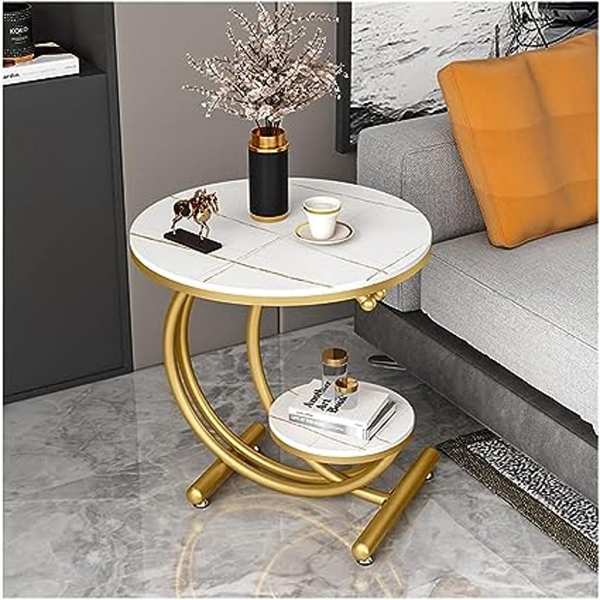 Round Sofa Side Table, 2-Tier C-Shaped Corner Table for The Living Room, and Luxury Metal end Table-White Gold